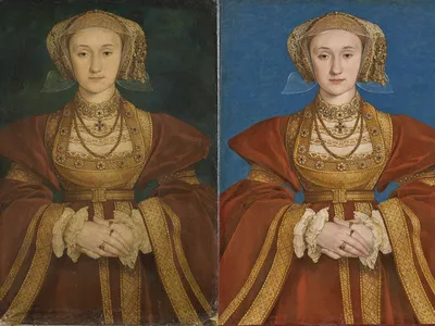 Hans Holbein the Younger&#39;s 1539 portrait of Anne of Cleves before (left) and after (right) conservation