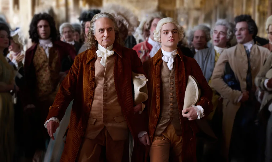 Michael Douglas as Benjamin Franklin and Noah Jupe as his grandson William Temple Franklin in "Franklin"