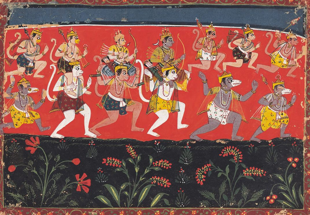 An illustration of Hanuman carrying Rama on his shoulders