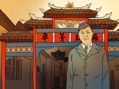 Digital illustration of a man in gray uniform standing in from an ornamental Chinese gate with red columns, tile roof, and Chinese characters.