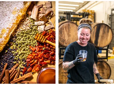 Left, a few of the ingredients used to build flavor throughout the mead making process at Charm City Meadworks in Baltimore, including honey, hops, comape&ntilde;o peppers, oak chips, cinnamon sticks and juniper berries. Right, Lynn Pronobis, head mead maker at Charm City, must carefully oversee every step of the production process.