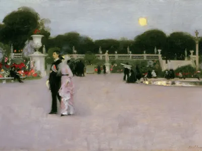 "It is a very simple truth," novelist Henry James wrote in 1887, "that when today we look for 'American art' we find it mainly in Paris." John Singer Sargent captured the pearly light of dusk in Paris in his 1879 work In the Luxembourg Gardens.