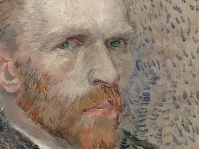 Van Gogh painted this portrait of himself, dressed as a bourgeois, in Paris, where he stayed with his brother Theo and continued to hone his painting skills. Van Gogh's brief flirtation with the separate, dappled brushstrokes of pointillism is evident in this early effort, which is one of his best paintings from 1887. (Self-Portrait: Three Quarters to the Right)