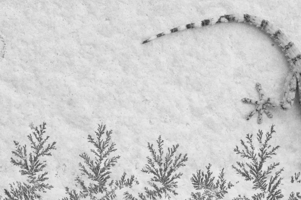 a grayscale photo of a wall with a mineral branching like five trees growing up from the bottom; at the right are a lizard's back foot and tail, curling toward the center of the image