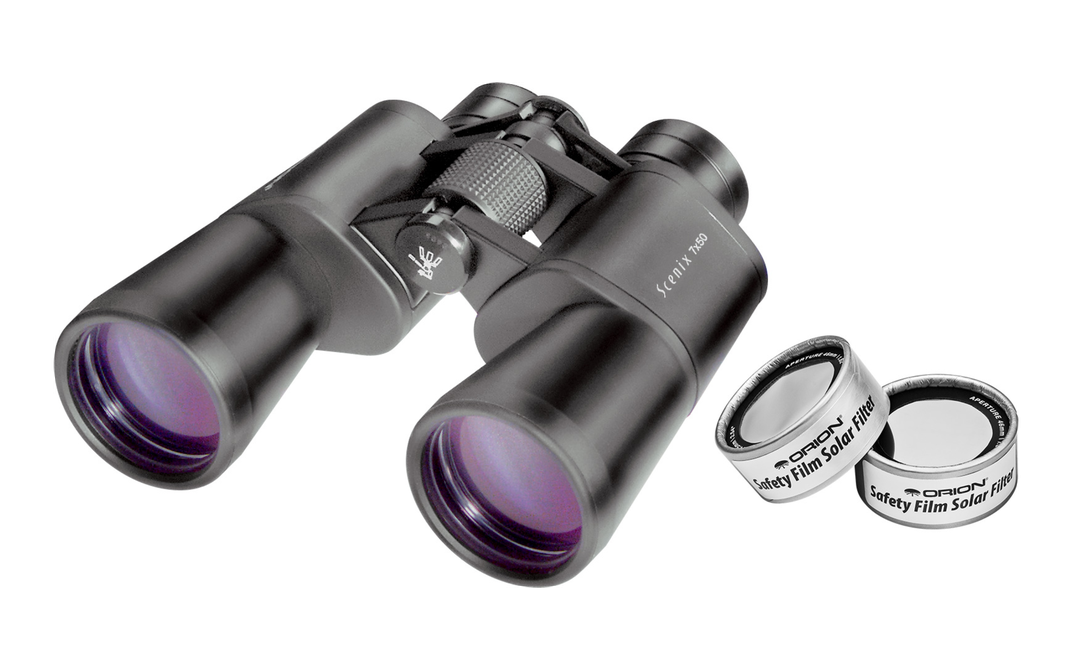 An Orion Scenix 7x50 Binocular Eclipse Plus Kit, featuring removable solar filters